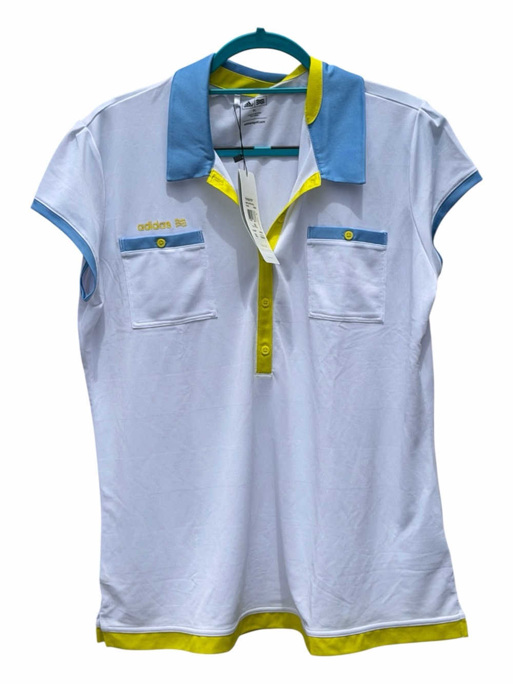 adidas White Polo w/ Yellow & Teal Accents-XL-Golf- lightweight-moisture control - Picture 1 of 12